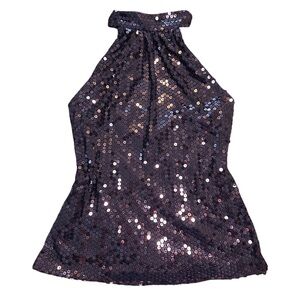 Cachet American Vintage Y2K Sequin Halter Top, Open Back | Black | Size M